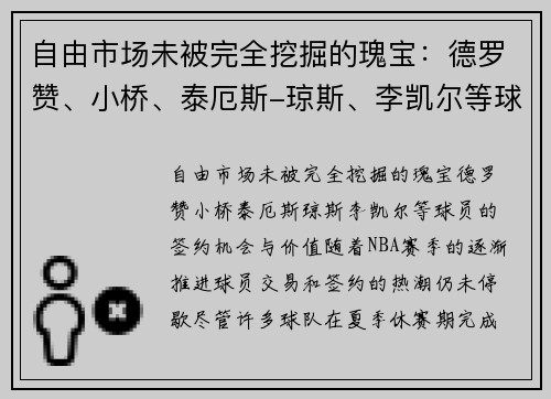自由市场未被完全挖掘的瑰宝：德罗赞、小桥、泰厄斯-琼斯、李凯尔等球员的签约机会与价值