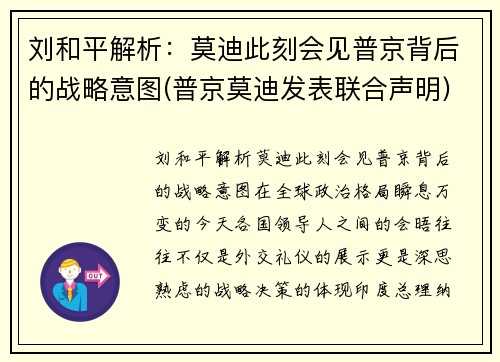 刘和平解析：莫迪此刻会见普京背后的战略意图(普京莫迪发表联合声明)