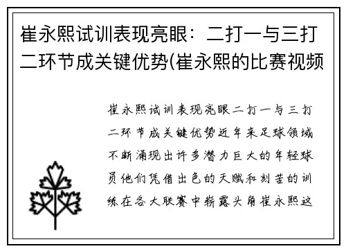崔永熙试训表现亮眼：二打一与三打二环节成关键优势(崔永熙的比赛视频)