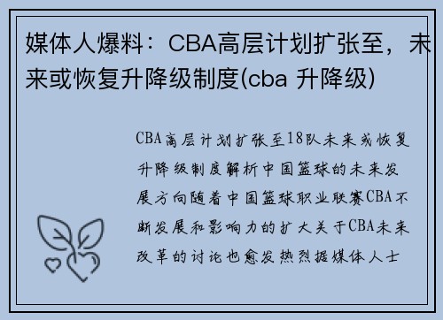 媒体人爆料：CBA高层计划扩张至，未来或恢复升降级制度(cba 升降级)