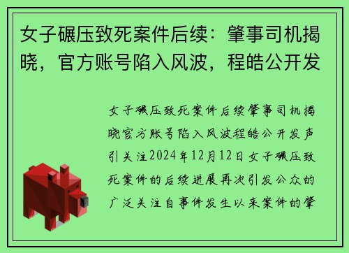 女子碾压致死案件后续：肇事司机揭晓，官方账号陷入风波，程皓公开发声引关注