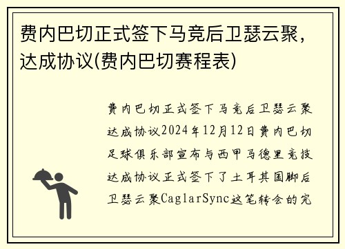费内巴切正式签下马竞后卫瑟云聚，达成协议(费内巴切赛程表)