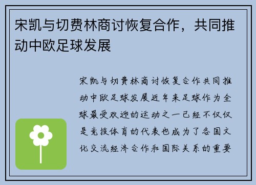 宋凯与切费林商讨恢复合作，共同推动中欧足球发展