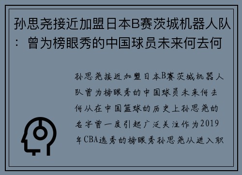 孙思尧接近加盟日本B赛茨城机器人队：曾为榜眼秀的中国球员未来何去何从？