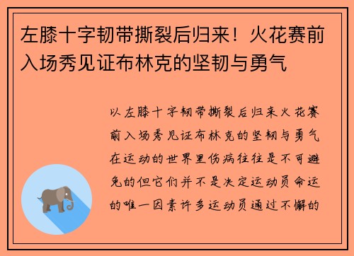左膝十字韧带撕裂后归来！火花赛前入场秀见证布林克的坚韧与勇气