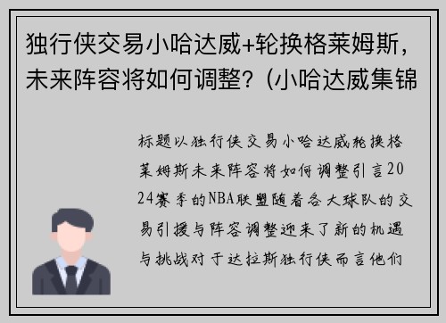 独行侠交易小哈达威+轮换格莱姆斯，未来阵容将如何调整？(小哈达威集锦)