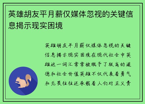 英雄胡友平月薪仅媒体忽视的关键信息揭示现实困境
