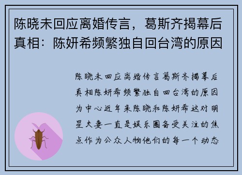 陈晓未回应离婚传言，葛斯齐揭幕后真相：陈妍希频繁独自回台湾的原因