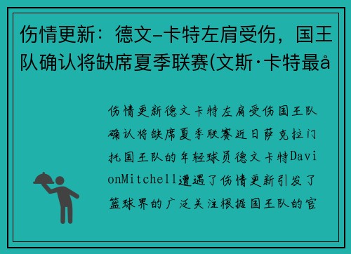 伤情更新：德文-卡特左肩受伤，国王队确认将缺席夏季联赛(文斯·卡特最后一场回放)