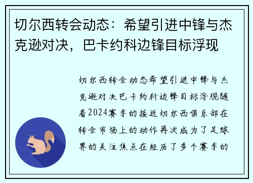 切尔西转会动态：希望引进中锋与杰克逊对决，巴卡约科边锋目标浮现